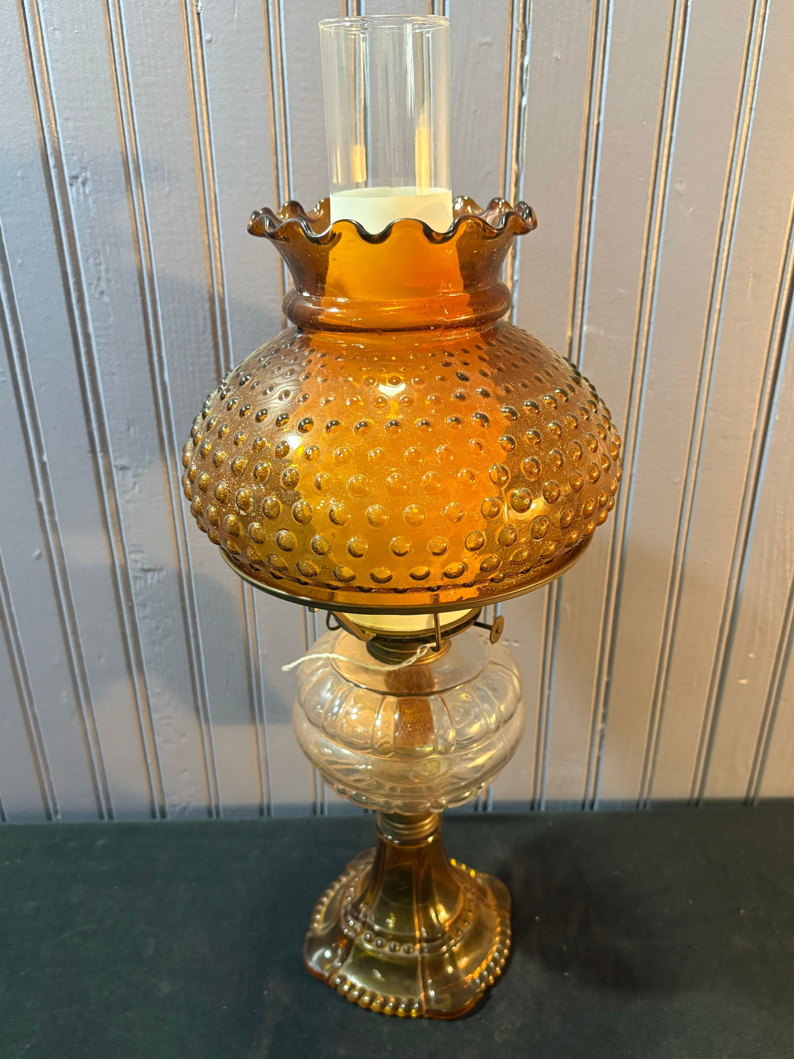 Amber To Clear Antique Oil Lamp With Amber Hobnail Glass Shade Measuring 21"H (1 of 6)