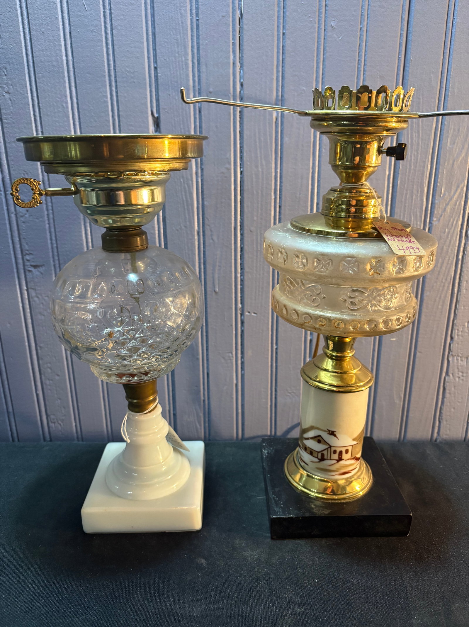 Pair Of Oil Lamps Including Waffle - Thumbprint Pattern White To Clear Oil Lamp With Converted Oil (1 of 5)