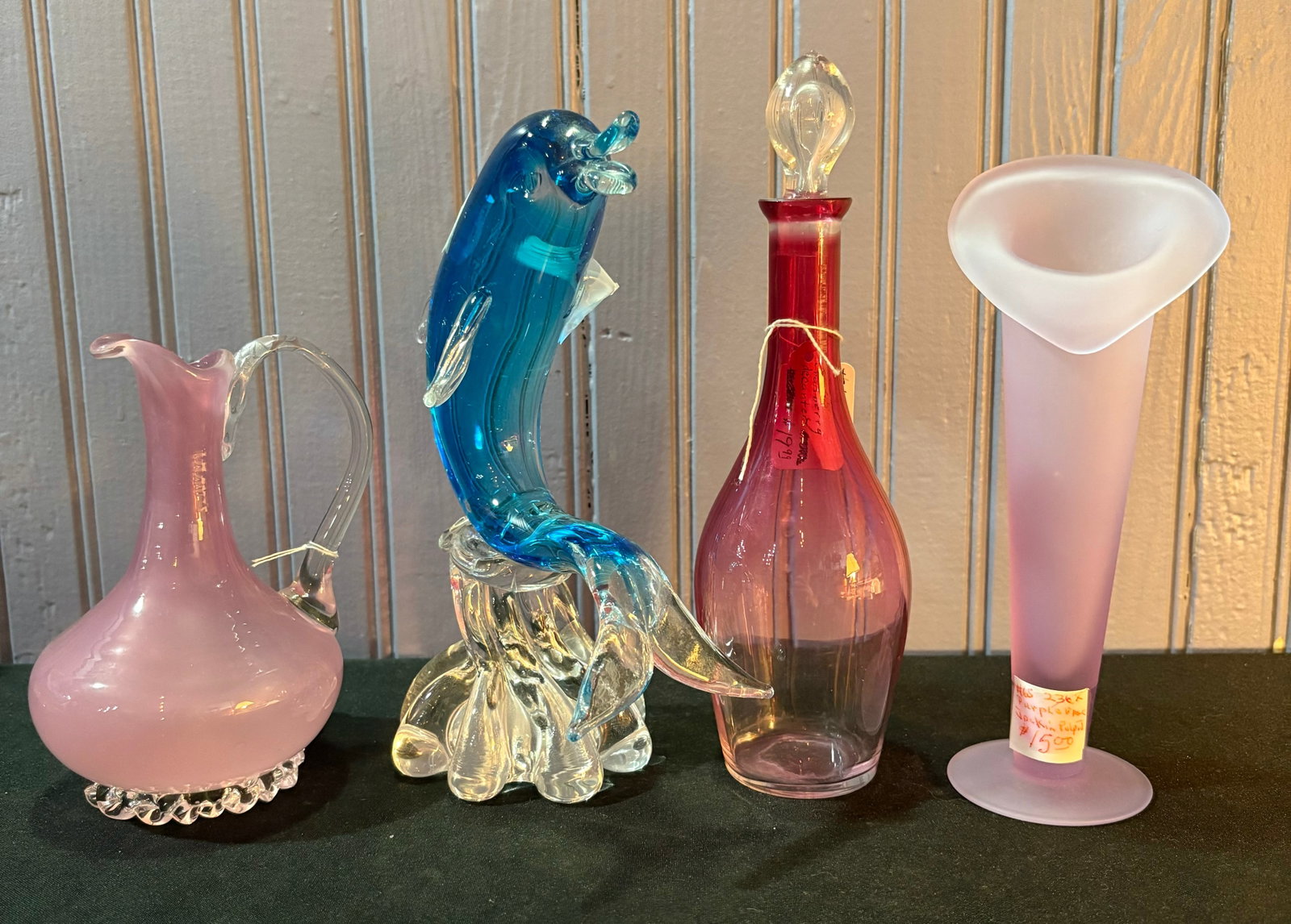 Cranberry Glass Decanter, Jack In The Pulpit Purple Vase, Pink Pitcher And Murano Glass Dolphin With: Cranberry Glass Decanter, Jack In The Pulpit Purple Vase, Pink Pitcher And Murano Glass Dolphin With Damage Tallest 9"