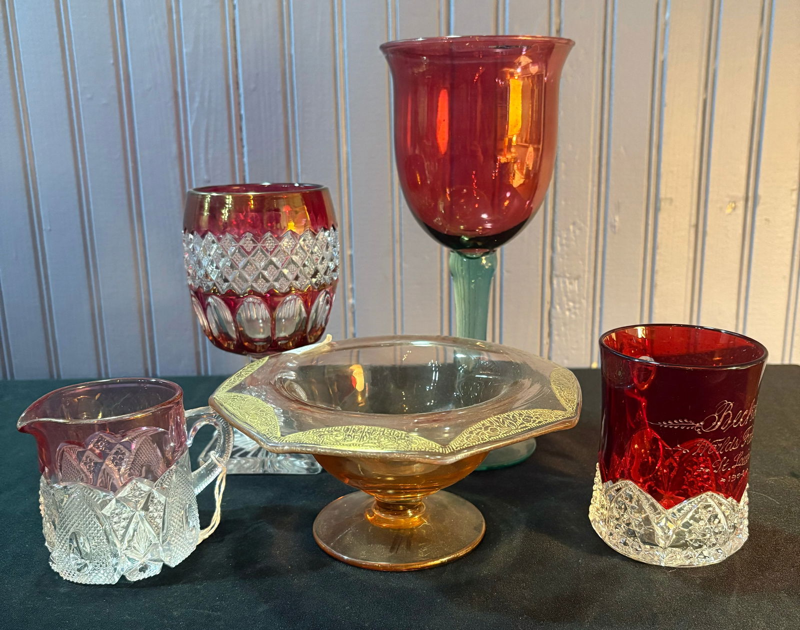 Antique Ruby Red Goblet, Pitcher, Mug With Red - Gold Glass Candy Dish And Large Red Glass: Antique Ruby Red Goblet, Pitcher, Mug With Red - Gold Glass Candy Dish And Large Red Glass Goblet-10"