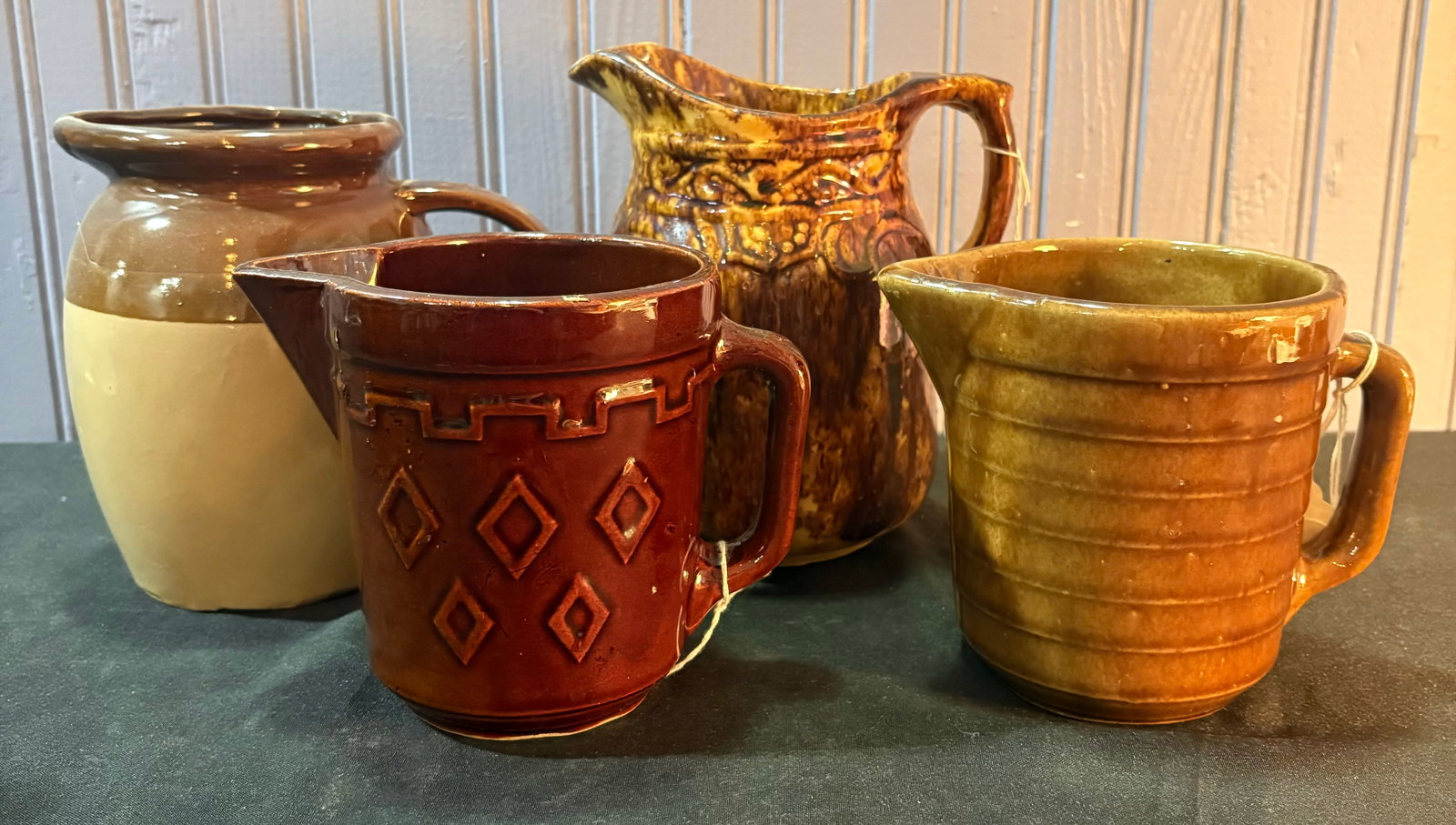 Lot Of 4 Brown Decorated Stoneware Pottery Pitchers (Tallest 7") (1 of 5)