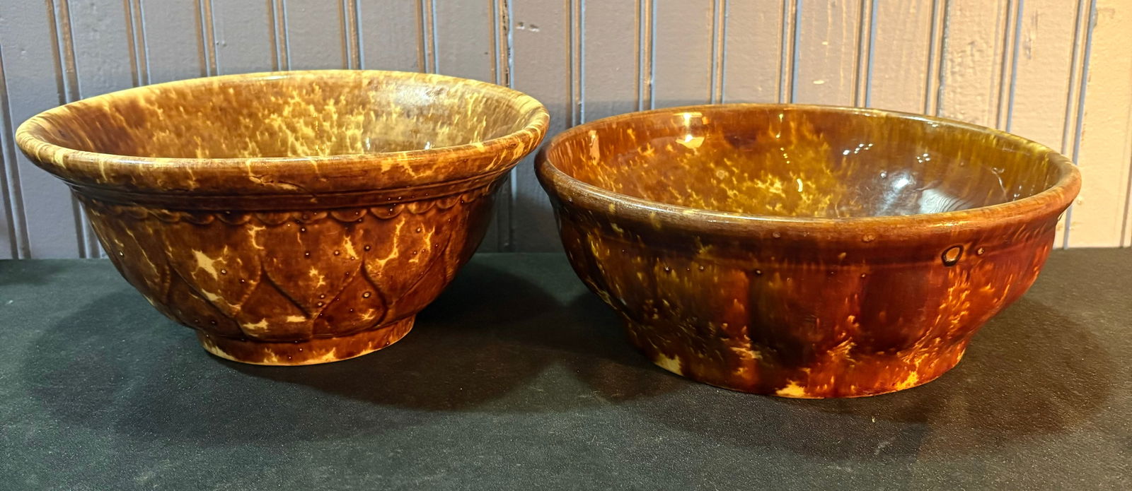 Pair Of Brown - Yellow Spatterware Bennington Stoneware Pottery Bowls (Largest 9"X4") (1 of 4)