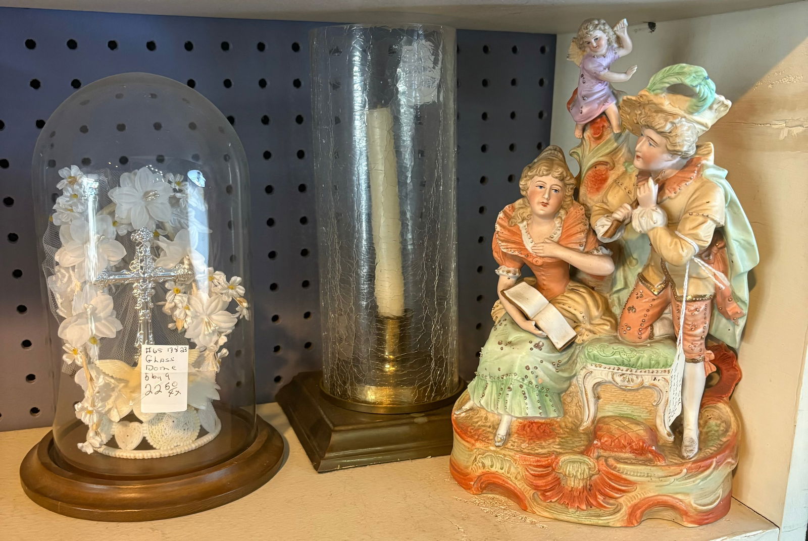 Colorful Porcelain Bisque Figure, Crackle Glass Candle Stand And Glass Dome With Cross-Flower: Colorful Porcelain Bisque Figure, Crackle Glass Candle Stand And Glass Dome With Cross-Flower Display 11"