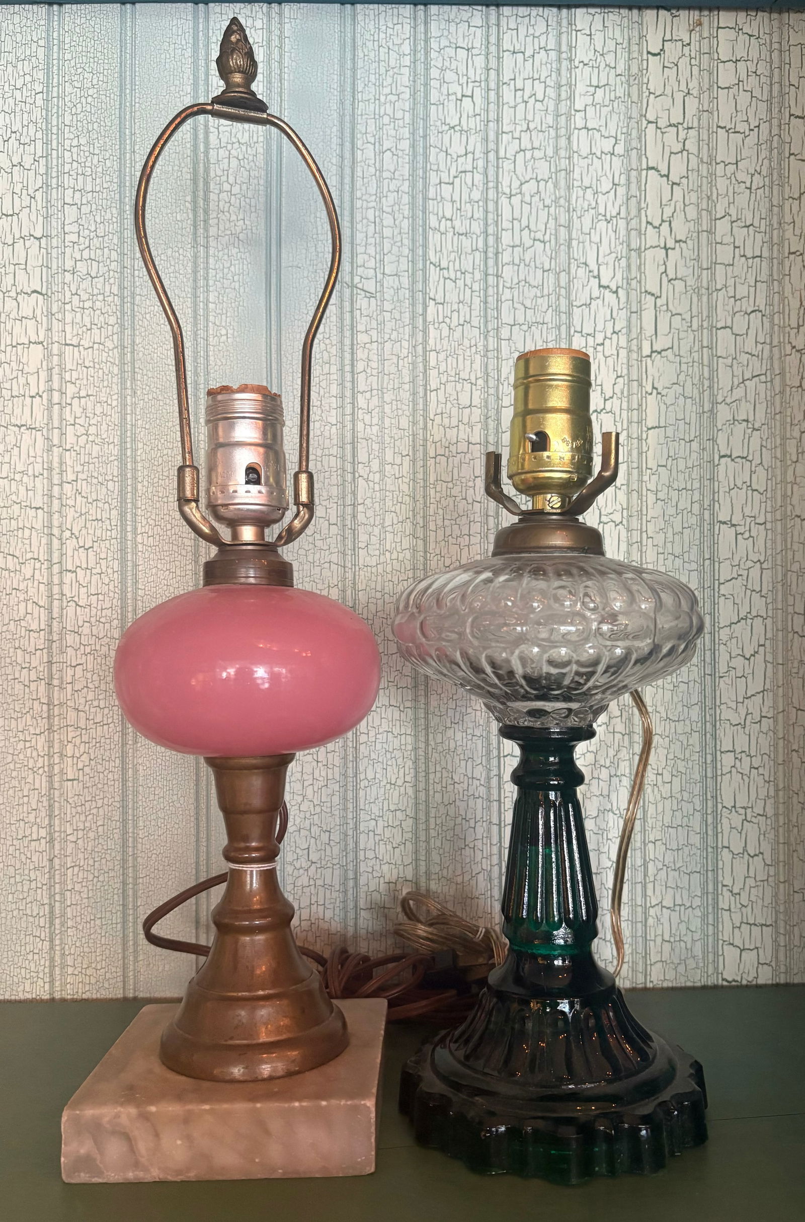 Antique Pink Lamp On Brass-Marble Base With C.1893 Green To Clear Chicago Converted Lamp 18"H (1 of 4)