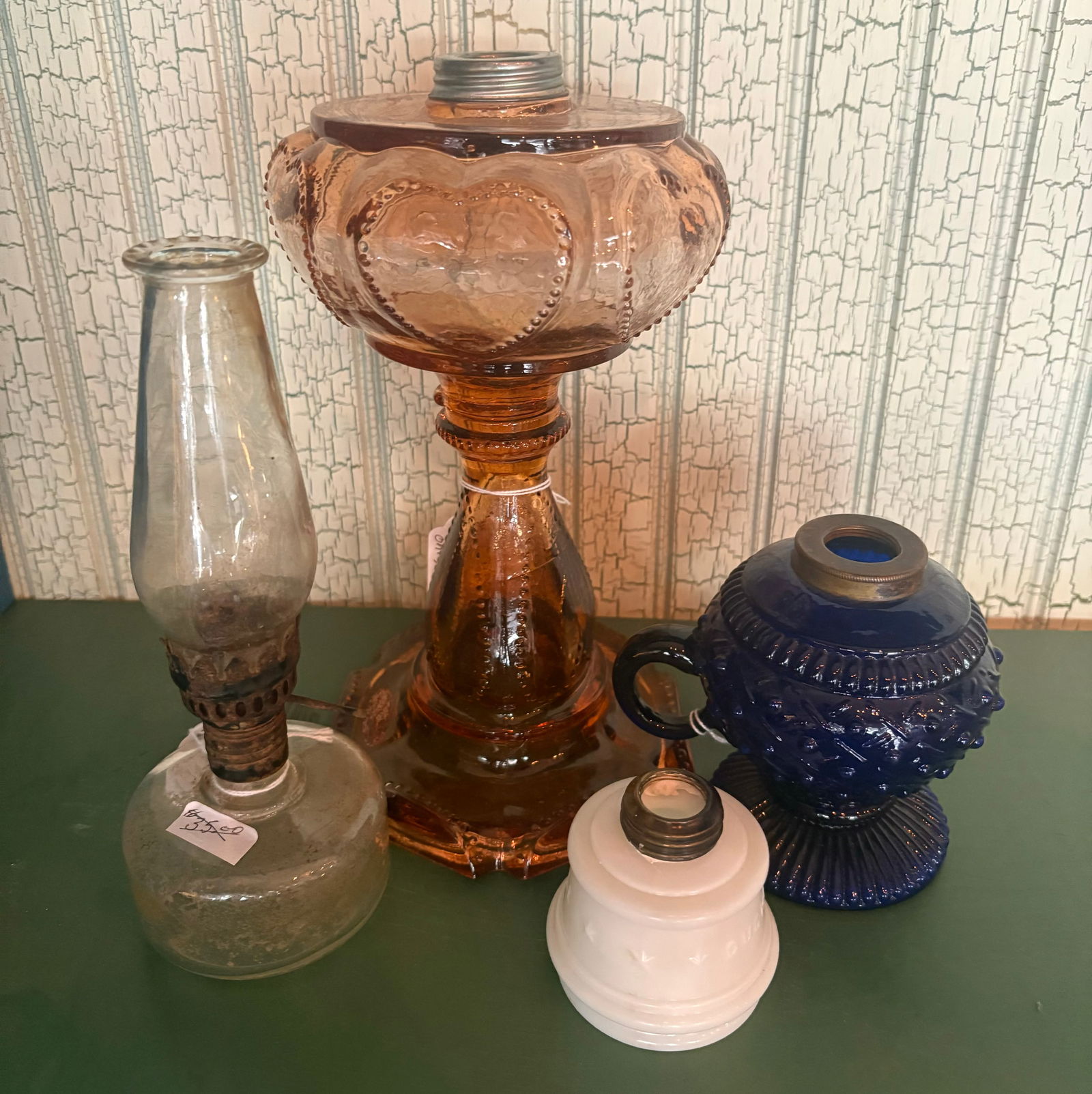 Early Oil Lamps Including Miniature Blue Oil Lamp And White "Duchess" Oil Lamp (Tallest Lamp 9") (1 of 5)