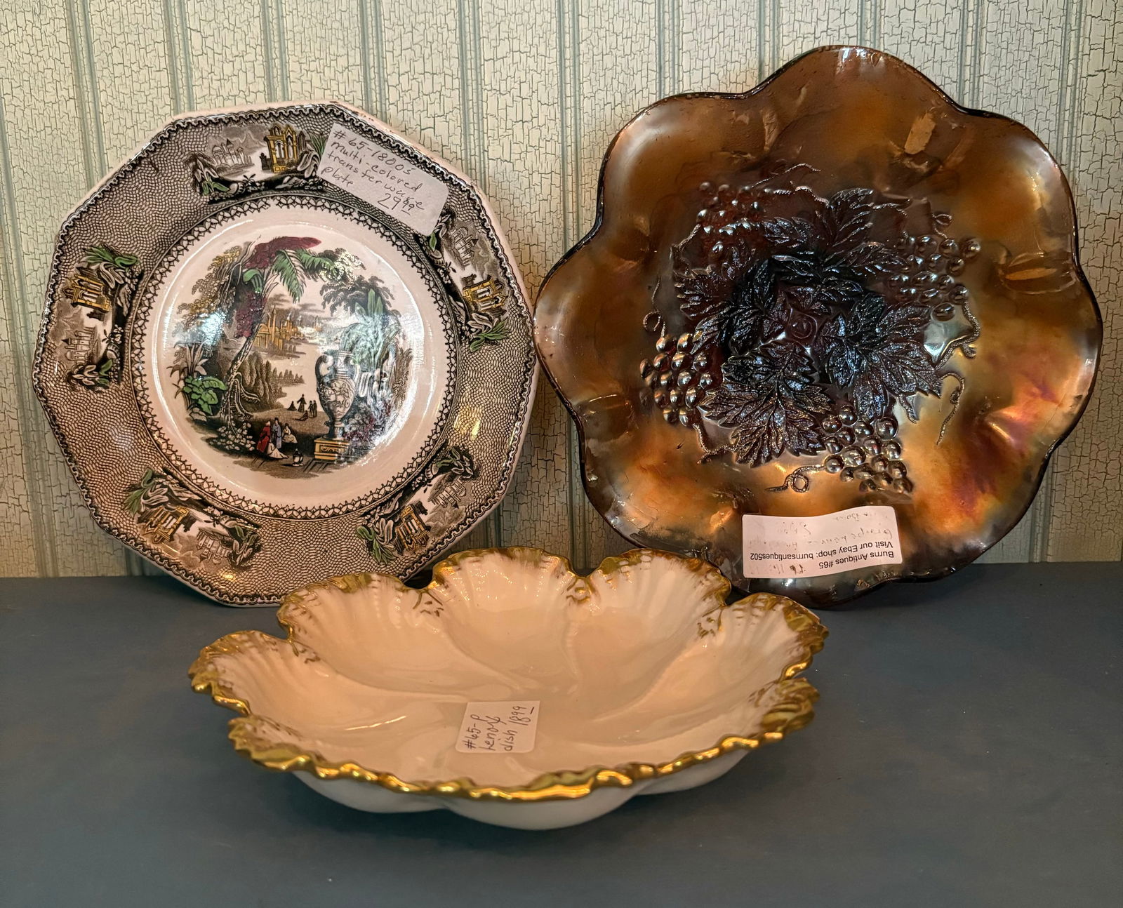 Multi-Color Transferware Plate, Lenox Leaf Shaped Dish And Antique Grapevine Decorated Glass Bowl 8" (1 of 4)