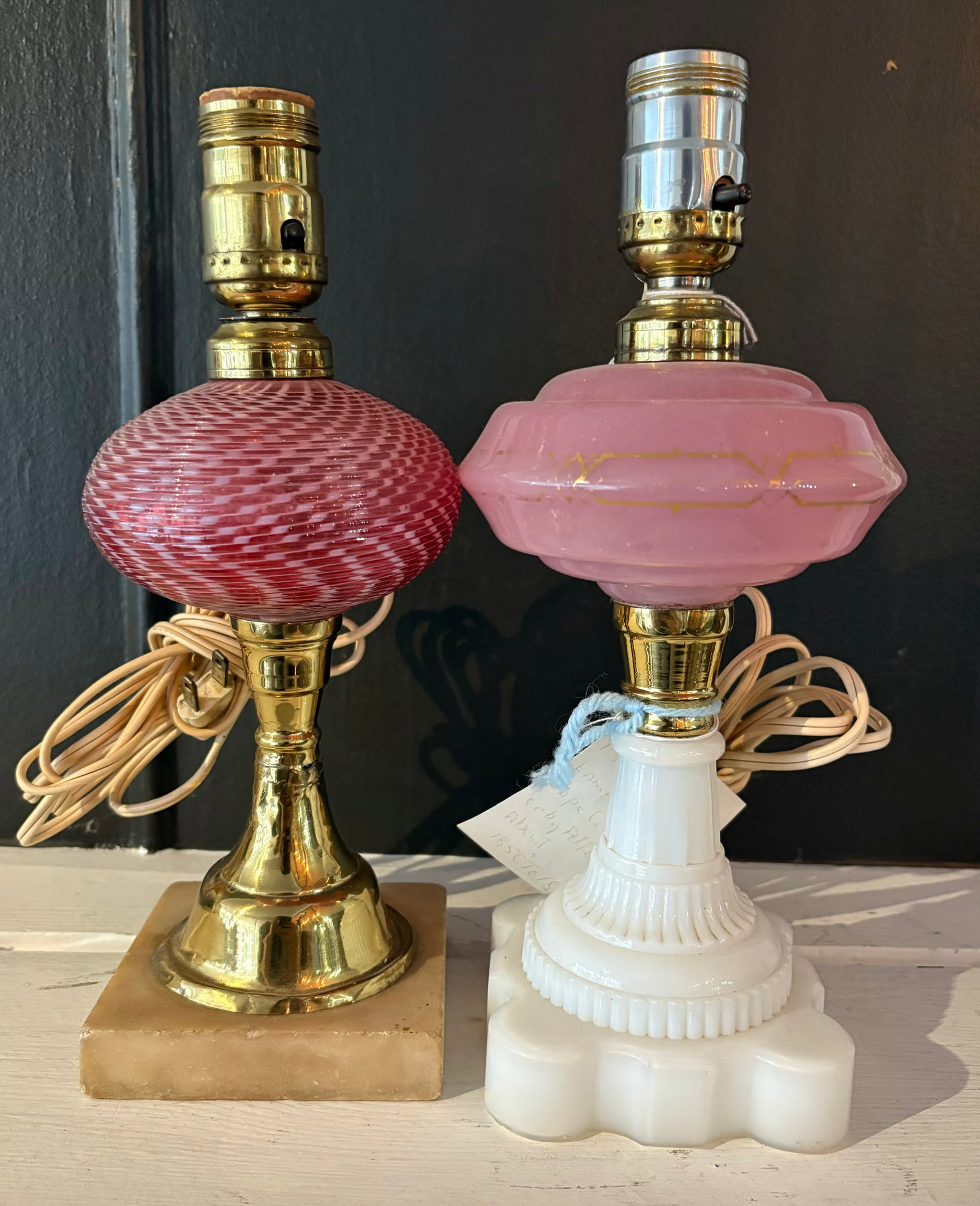 Antique Cranberry Glass Oil Lamp And Cape Cod Pink Oil Lamp C. 1850-1870 Electrified Measuring 11" (1 of 4)