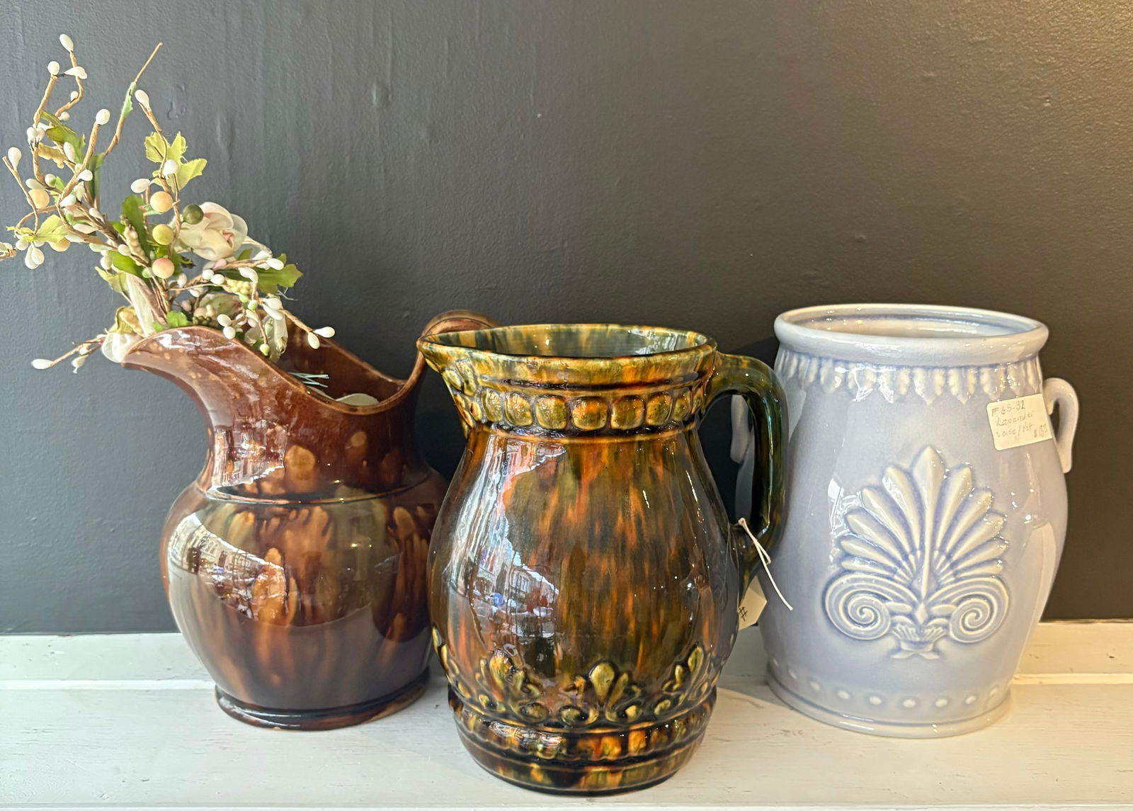 Pair Of Brown - Yellow - Green Stoneware Pottery Pitchers With Lavender Vase 9"H (1 of 4)