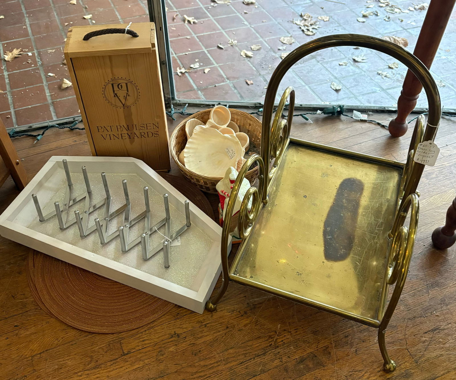 Lot Including Wooden Wine Box, Shells And English Brass Log Holder 13"X 18"X 22": Lot Including Wooden Wine Box, Shells And English Brass Log Holder 13"X 18"X 22"