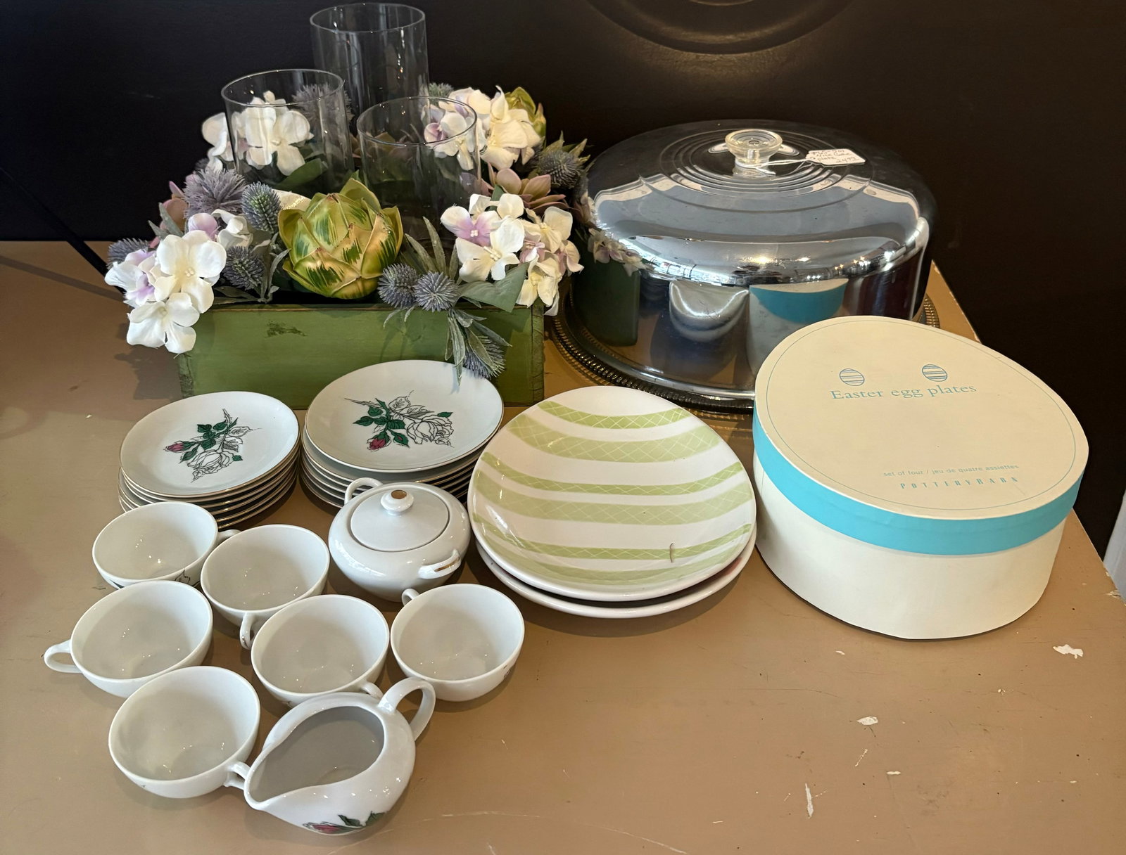 Large Collection Including Pottery Barn Easter Egg Plates, Stainless Cake Cover 11" And Porcelain (1 of 5)