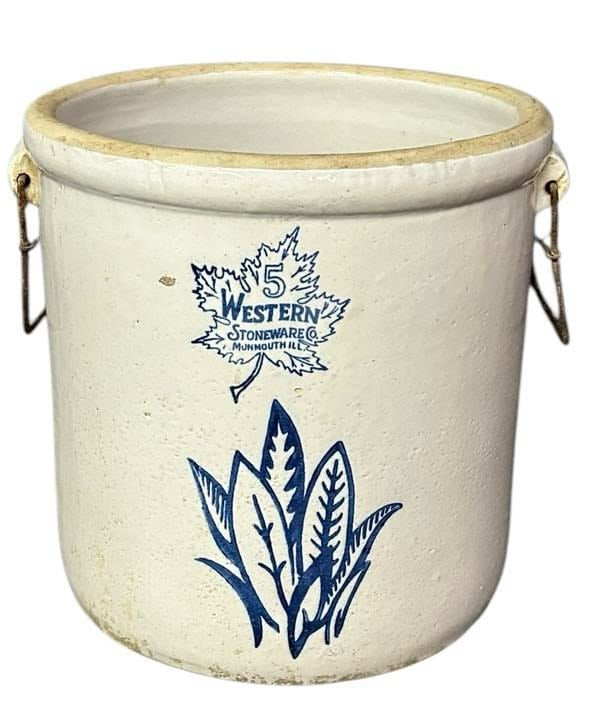 Five Gallon Blue Decorated Western Stoneware Crock 14"X16" (1 of 4)