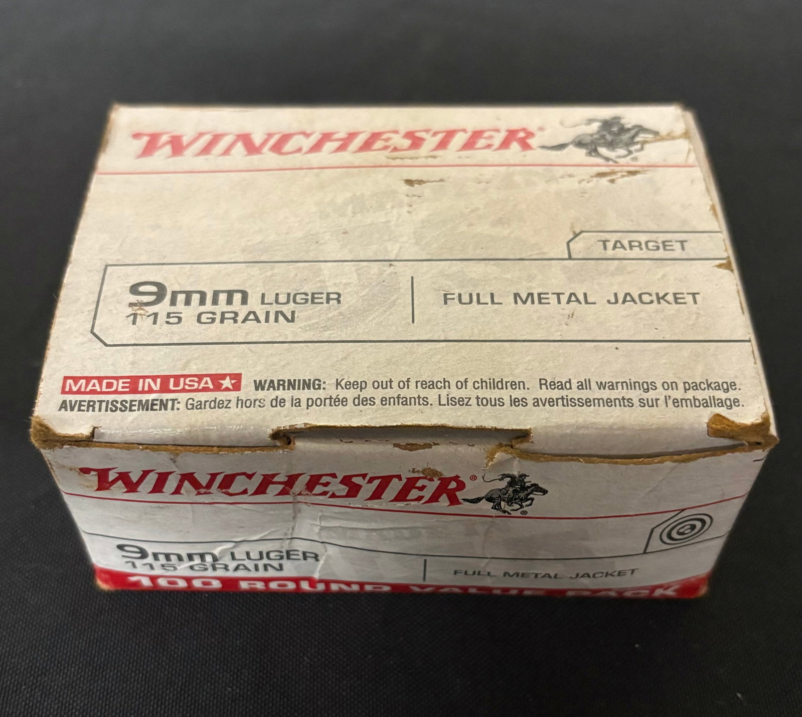 100 Rounds Winchester 9mm Luger 115 GR. FMJ: 100 Rounds Winchester 9mm Luger 115 GR. FMJ