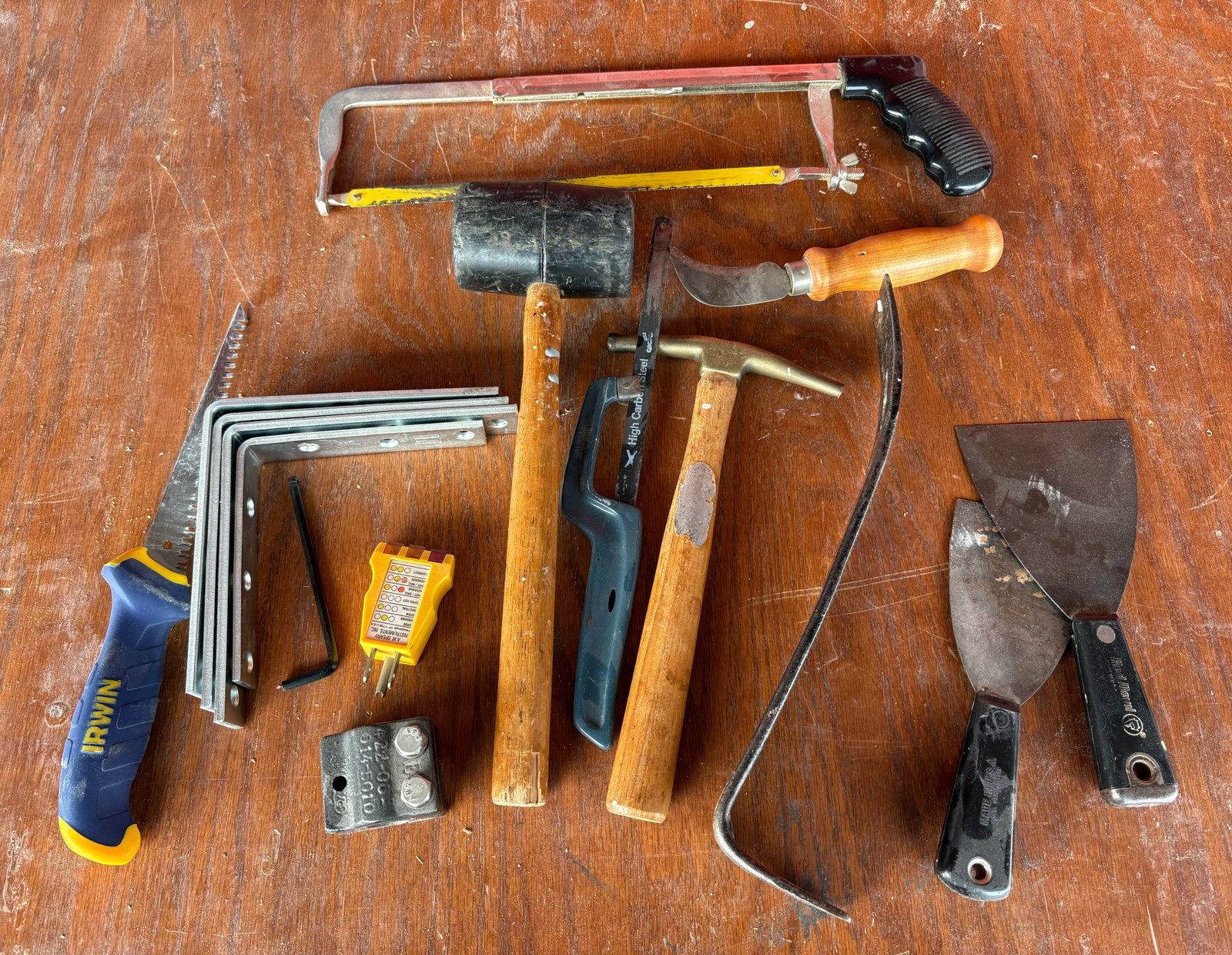 Hand Tools Including Saws, Mallet, Crowbar, Outlet Tester, And Putty Knives: Hand Tools Including Saws, Mallet, Crowbar, Outlet Tester, And Putty Knives
