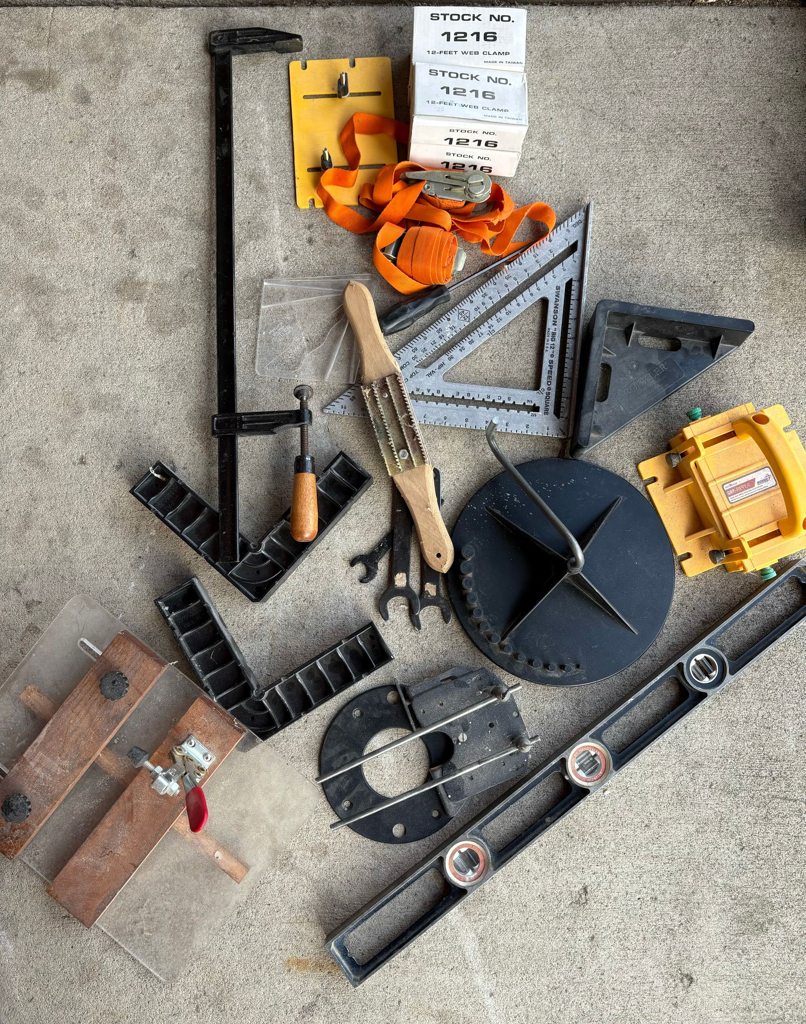 Lot Including Level, Square, Pair Of Clamps, Woodworking Tools-Supplies: Lot Including Level, Square, Pair Of Clamps, Woodworking Tools-Supplies