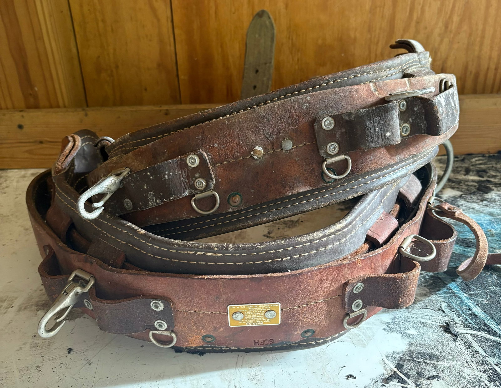 Pair Of Leather Lineman Climbing Belts (Roughly 20"W As Pictured): Pair Of Leather Lineman Climbing Belts (Roughly 20"W As Pictured)