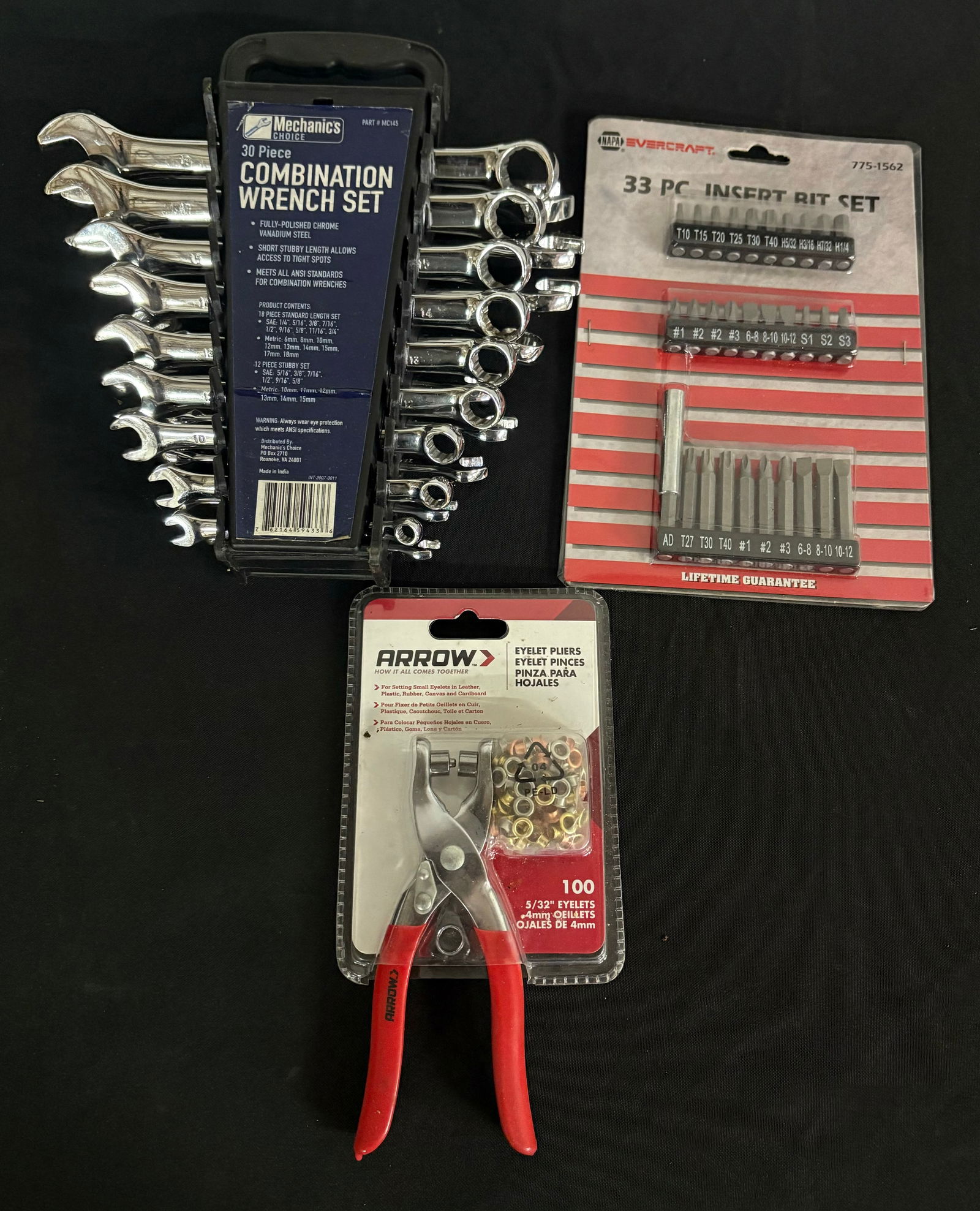 Mechanic's Choice 30PC. Combination Wrench Set, Napa Evercraft 33PC. Insert Bit Set And Arrow Eyelet (1 of 4)