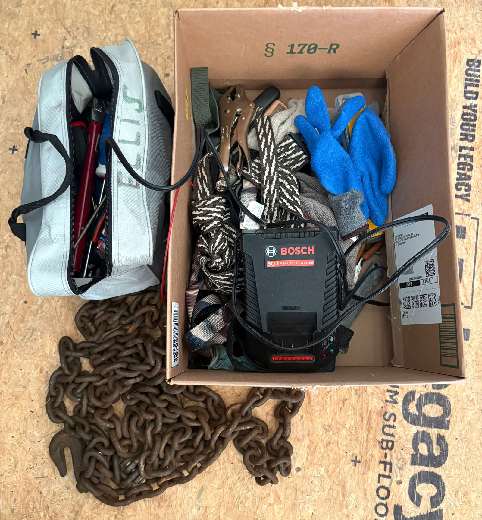 Chain With Clevices, Tool Bag Of Assorted Tools And Bosch Battery Charger (1 of 4)