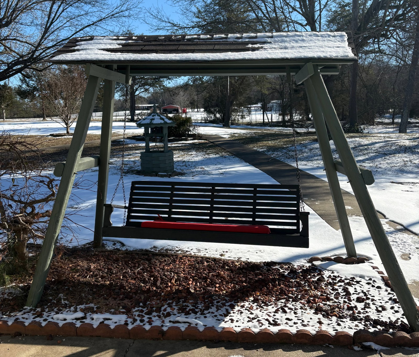 Large Outdoor Patio Swing Shelter With Wood Construction And Shingled Roof 114"X64"X88": Large Outdoor Patio Swing Shelter With Wood Construction And Shingled Roof 114"X64"X88"