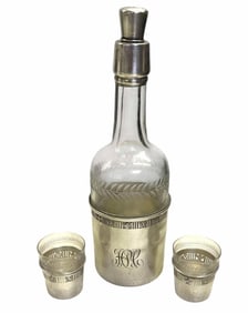 Cut Glass Decanter And Shot Glasses With Sterling Holders With Decanter Measuring 12" Shot Glasses
