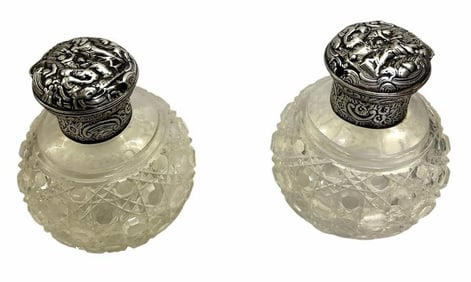 Pair Of Cut Glass Perfume Bottles With Glass Stoppers And Sterling Tops 3"X5"