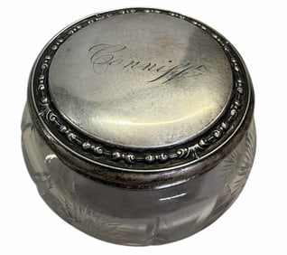 Cut Glass Powder Jar With Sterling Top 5"X3"