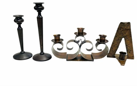 Group Of Brass And Copper Arts And Craft Style Candlesticks