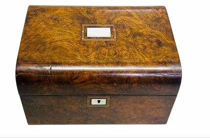 Early Victorian Burled Wood Ladies Travel Box With Silver Topped Jars On Interior 9"X12"X7"
