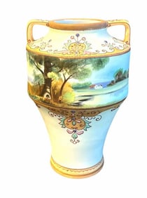 Hand Painted Moriage Nippon Vase With Lake Scene And Art Nouveau Style Decoration 5.5"X8.5"