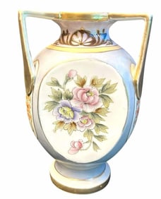 Nippon Style Three Handled Vase With Hand Painted Floral Design 7"X11.5"