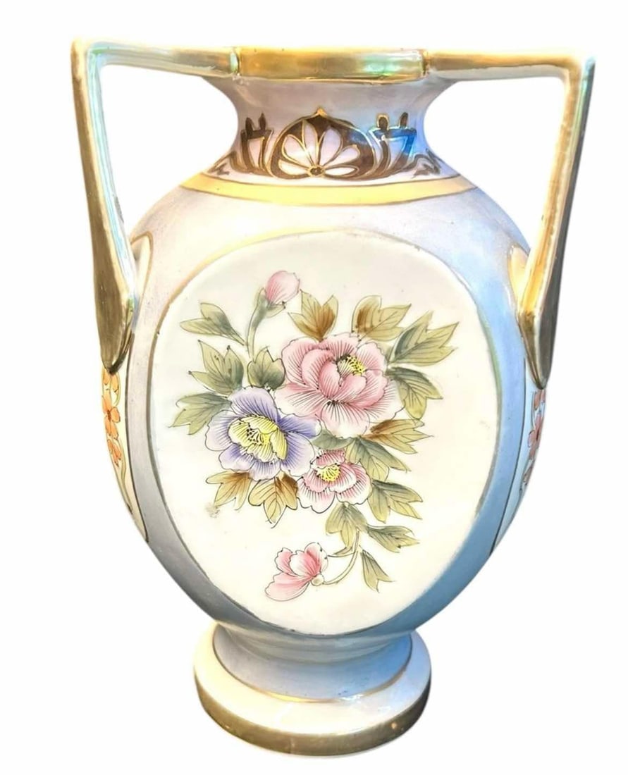 Nippon Style Three Handled Vase With Hand Painted Floral Design 7"X11.5" (1 of 3)