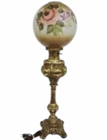 Victorian Brass Parlor Lamp With Hand Painted Floral Shade 10"X33"