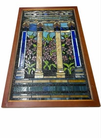 Art Nouveau Style Stained Glass Window With Column And Floral Designs 22"X37"