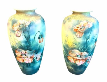 Pair Of Large Nippon Style Hand Painted Vases With Floral Designs 6"X12.5"