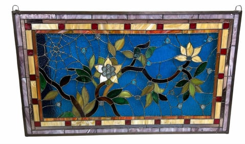 Art Nouveau Style Stained Glass Window With Flowers And Block Border 20.5"X35.75"