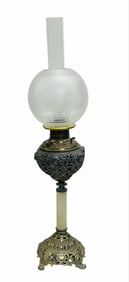 Victorian Parlor Lamp With Etched Shade With Bird Decoration And Onyx Column Base 7"X7"X32"