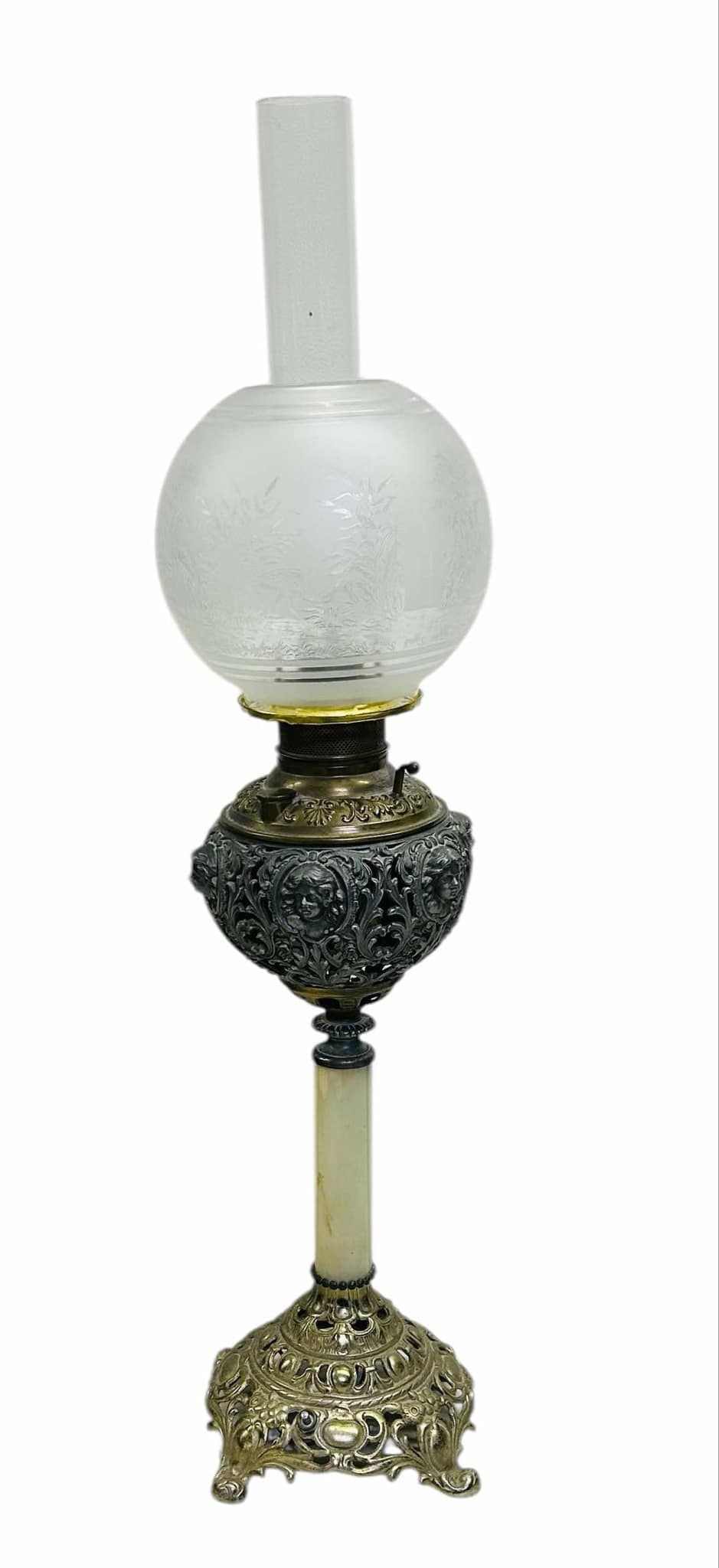 Victorian Parlor Lamp With Etched Shade With Bird Decoration And Onyx Column Base 7"X7"X32" (1 of 3)