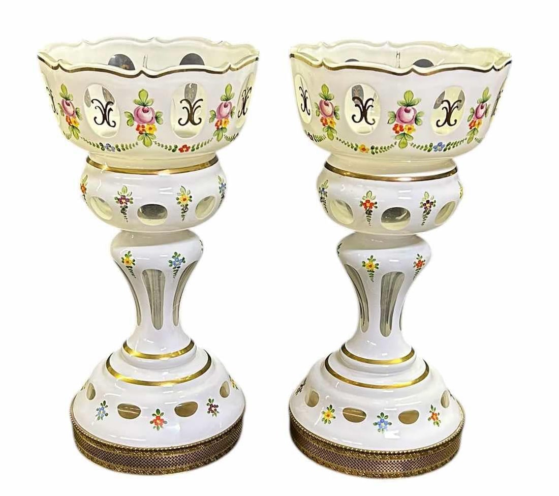 Pair Of Hand Painted Victorian Style Mantle Lusters With Brass Bases 6.5"X13": Pair Of Hand Painted Victorian Style Mantle Lusters With Brass Bases 6.5"X13"