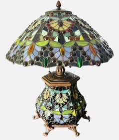 Art Nouveau Tiffany Style Parlor Lamp With Leaded, Jeweled Shade And Base