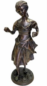 Victorian Style Bronze Figure Of Girl Gathering Fruit 6"X6"X15.5"