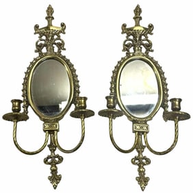 Pair Of Victorian Style Brass Mirrored Wall Sconces 5"X10"X23"