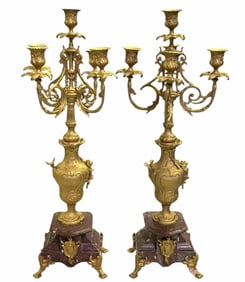 Pair Of Large Victorian Style Candelabras With Marble Bases And Gold Wash 11"X11"X26.5"