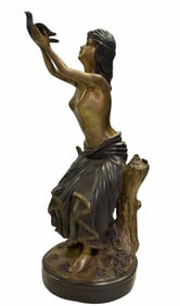 Large Victorian Style Bronze Of Woman With A Bird 9"X9"X21"