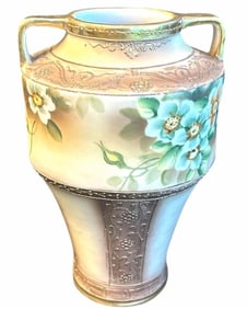 Hand Painted Nippon Floral Painted Vase With Gold Accents 6"X9"