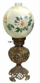 Brass Victorian Style Parlor Lamp With Hand Painted Shade And Cherub Etched Relief On Lamp Font