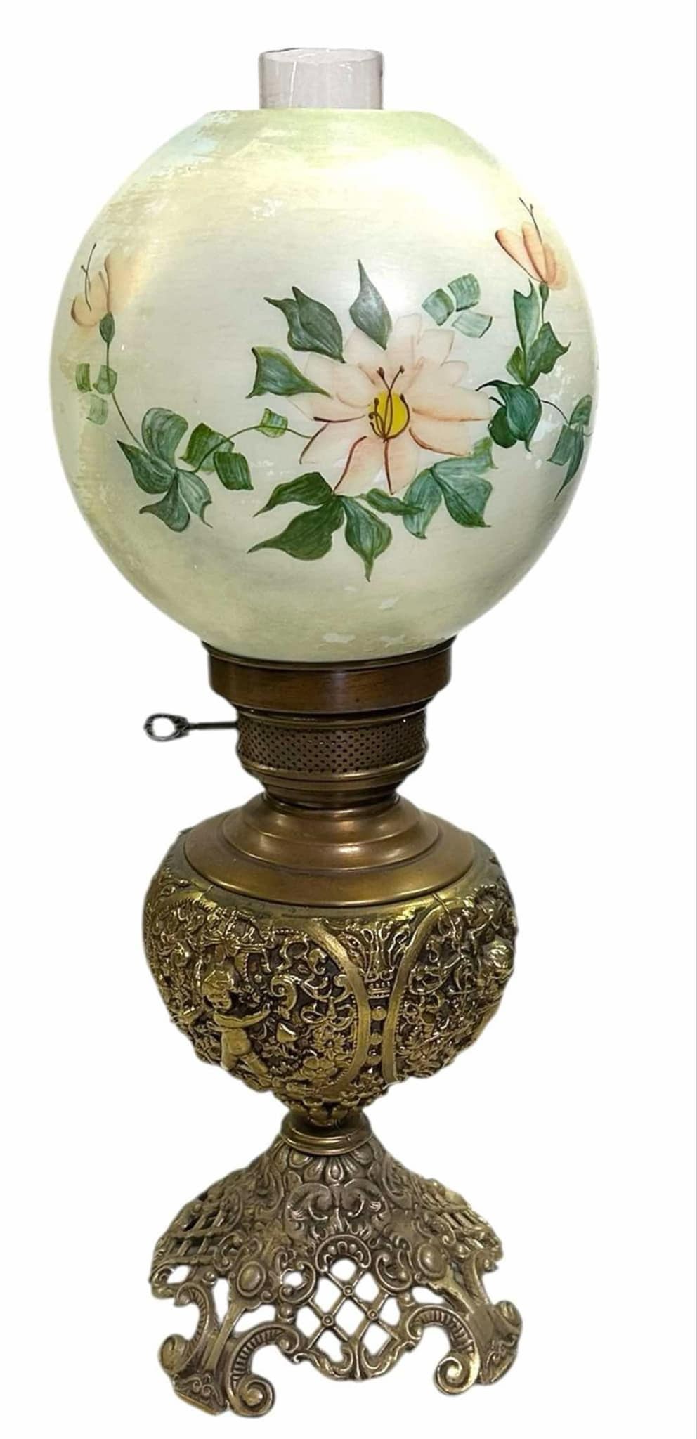 Brass Victorian Style Parlor Lamp With Hand Painted Shade And Cherub Etched Relief On Lamp Font (1 of 3)