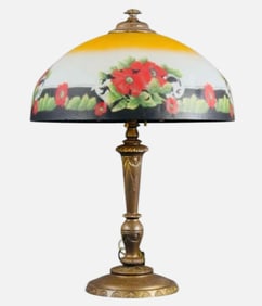 Victorian Style Reverse Painted Style Parlor Lamp With Pebbled Shade And Bronze Basse Shade; Has