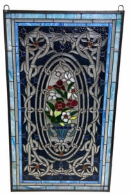 Art Nouveau Style Stain Glass Window With Floral Design 21"X35"