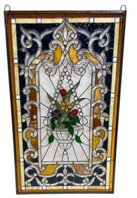 Art Nouveau Style Stain Glass Window With Floral Design 21"X35"