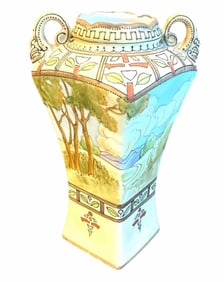 Hand Painted Nippon Vase With A Field Scene And Art Nouveau Accents 4"X4"X7"