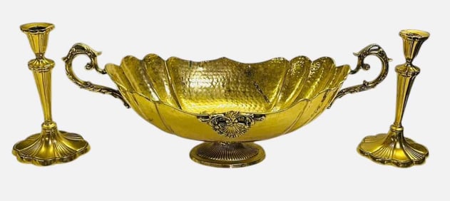 Three Piece Large Victorian Style Mantle Or Table Set With Large Double Handled Bowl And Pair Of